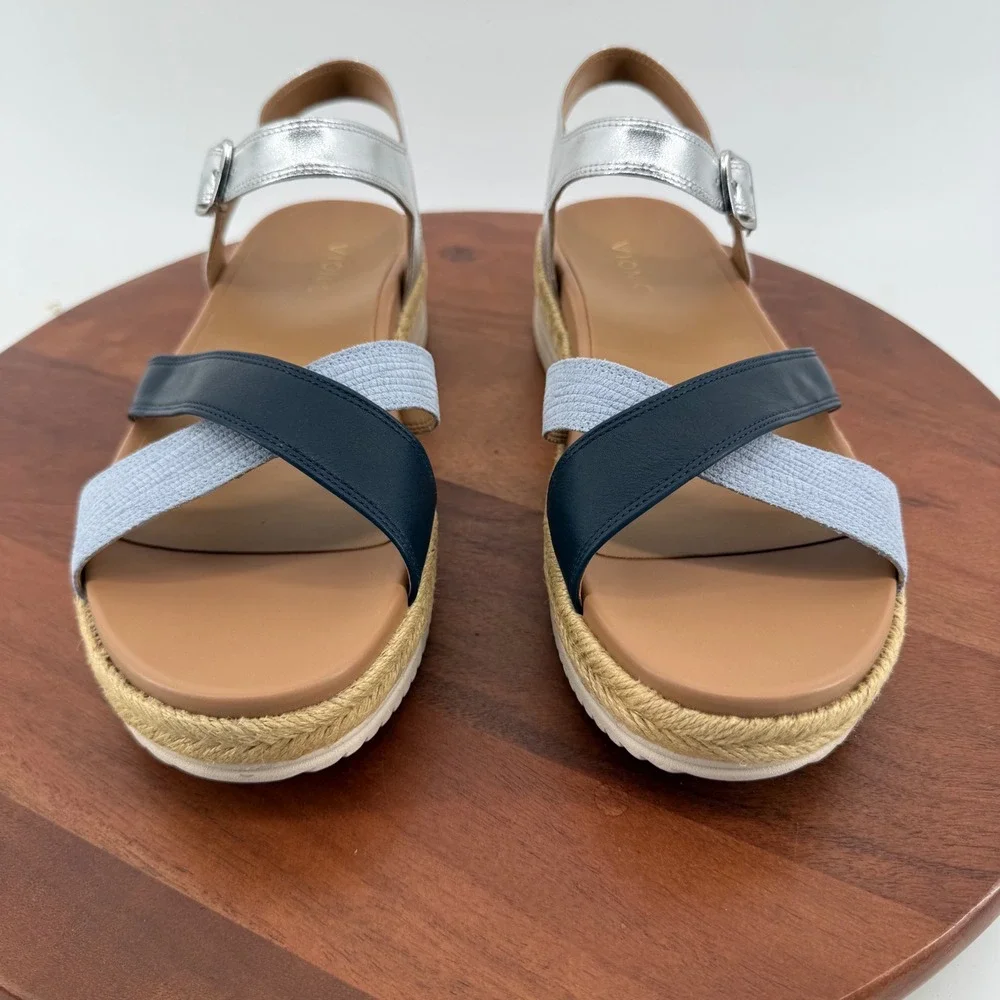 Vionic Mar Navy‎ Multi Leather Platform Espadrille Orthotic Sandals Womens 11M